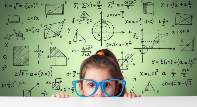 Back to school young student with glasses in front of complex math equations wall