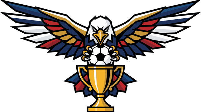 Football championship logo with eagle mascot gripping soccer ball and trophy