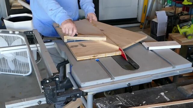 A board is carefully positioned on a table saw sled before cutting, showing the setup process for making a clean and accurate woodworking cut.