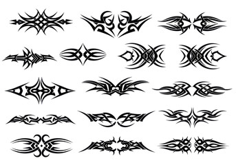 Collection of tribal tattoo designs in black ink. © Mobil