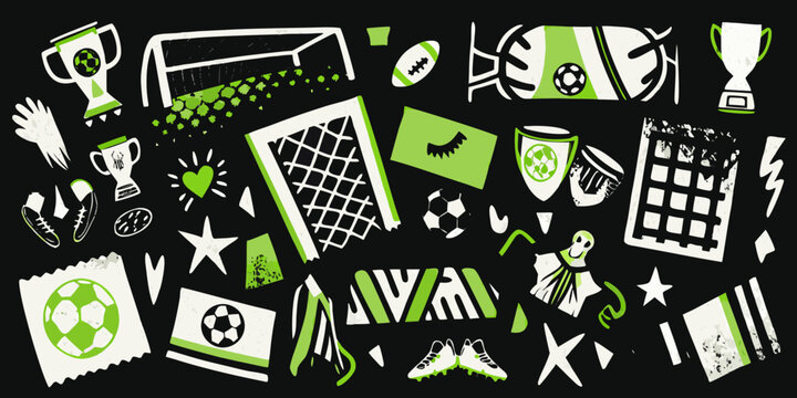 Soccer And Football Elements Pattern Green And White Illustration On Black