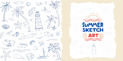 Summer sketch art collection featuring seashells palm trees and a lighthouse © Sudhakar