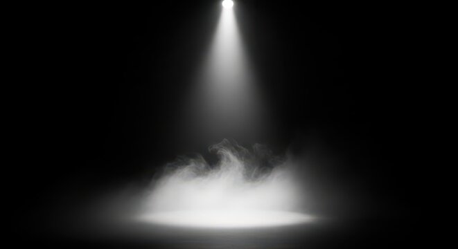 Dramatic White Spotlight Shining Through Fog on a Dark Stage Background for Product Presentation