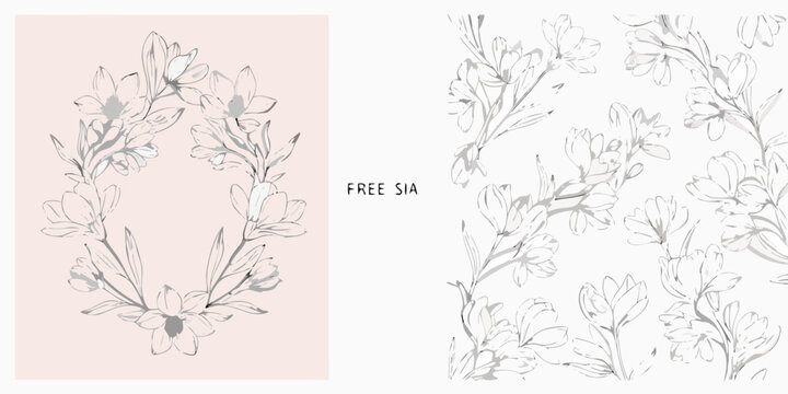 Freesia flower collection hand drawn vector illustration with a light pink background