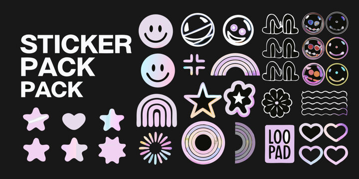 Holographic sticker pack collection on a black background iridescent designs