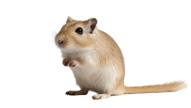 Small gerbil rodent standing on hind legs with front paws clasped