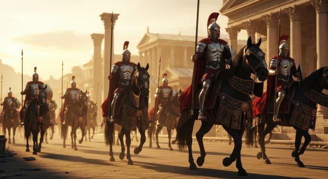 Ancient Roman Cavalry Soldiers in Full Armor Riding Horses Through a Classical City at Sunset