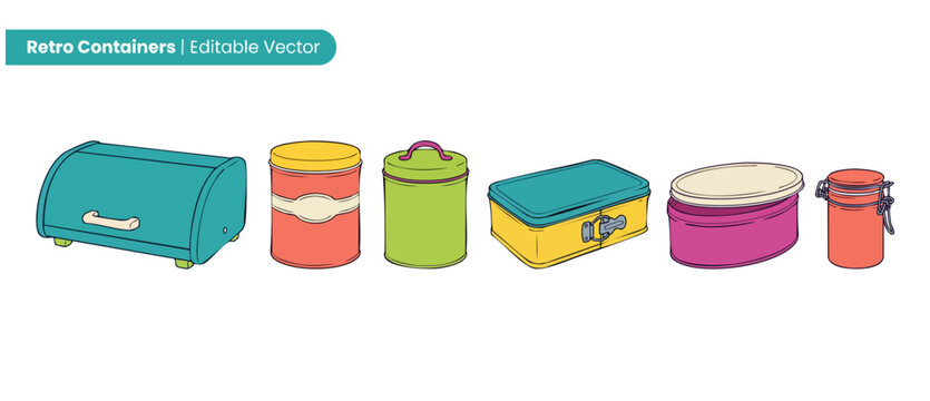 Retro kitchen containers vector pack representing vintage food storage canisters, colorful tin lunch box, metal bread bin, and classic storage jars for nostalgic home kitchen decoration illustrations.