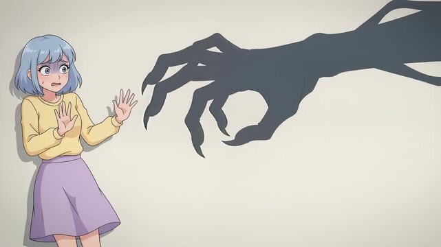 Terrified Anime Woman Backing Away from Giant Monster Claw Shadow on Wall