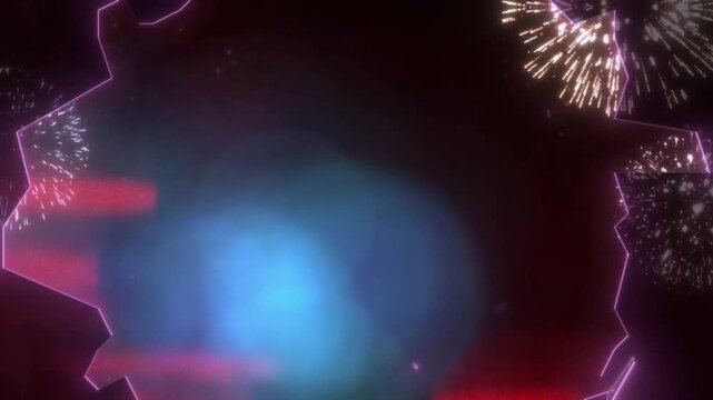 Glowing purple neon lines explode in dark space with sparks