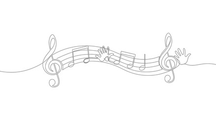 Continuous Line Art: Hands Playing Musical Notes on Staff © Ipung