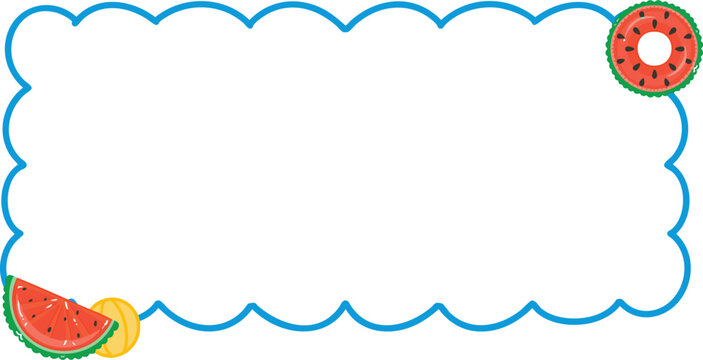 Summer pool float frame with watermelon ring beach ball and watermelon slice text space cartoon vector illustration