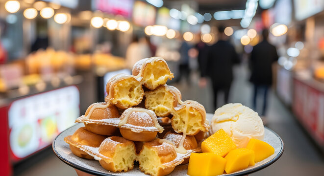 Taiwanese egg waffles with powder sugar and mango cuts on a plate against a street market background