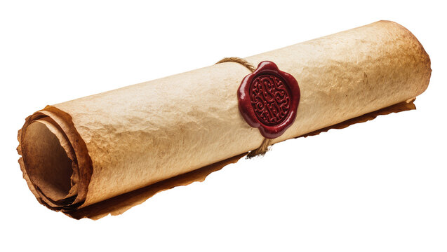 Rolled parchment scroll sealed with red wax and twine