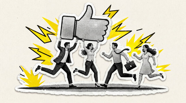 Pop Art Halftone Customer Satisfaction and Positive Feedback Sticker Illustration, Business Approval and Team Success Concept, Vintage Torn Paper Collage Element, Magazine Style