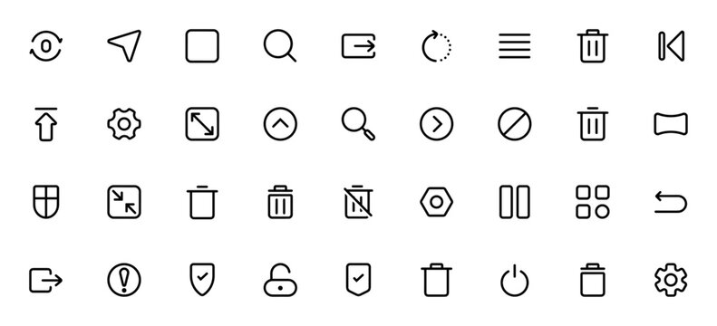 Interface icon set. Minimal vector icons pack. Featuring repeat, send, square, search, transfer, rotated, menu, trash, upload, settings, wide, zoom, shield, security, unlock, power and more.