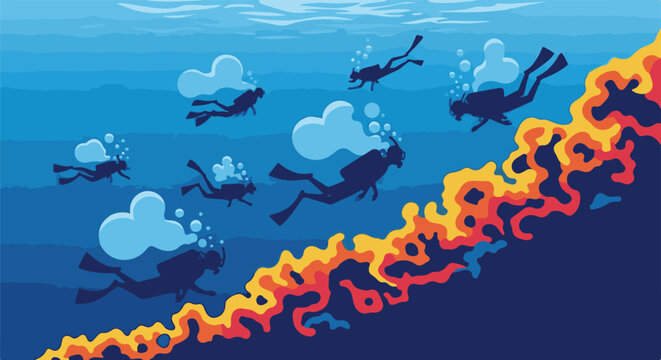 Diverse divers explore vibrant coral reef underwater
