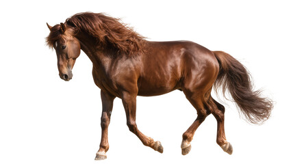 Brown horse with flowing mane and tail in motion © Paula