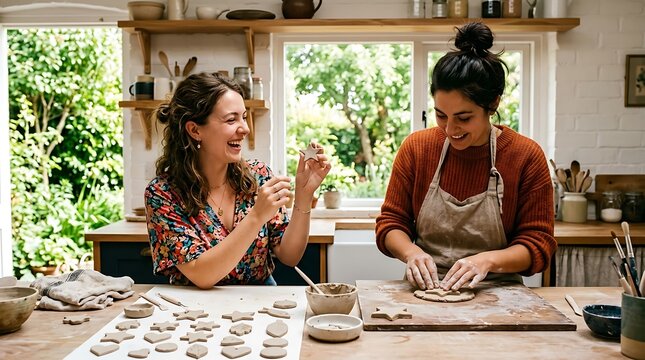 Two smiling women joyfully engage in pottery making, shaping clay with focus and creativity in a sunlit studio