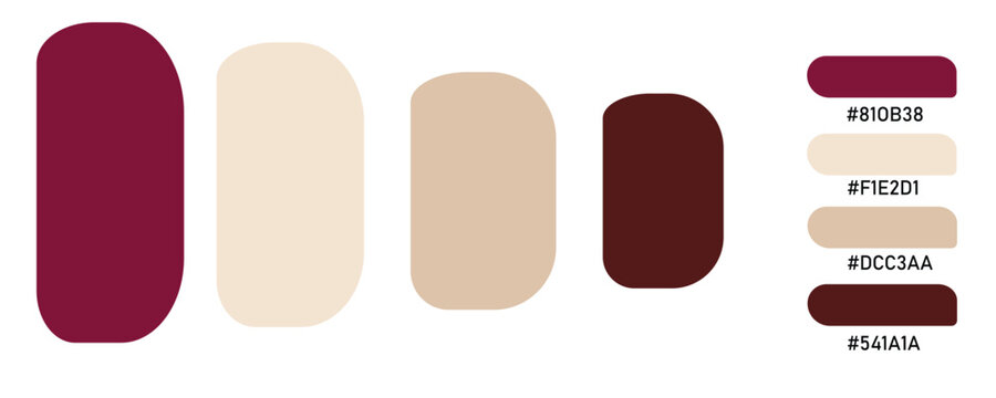 Warm Christmas color palette collection featuring four rounded swatches and hex codes in elegant maroon, cozy beige, soft tan, and deep dark brown tones isolated on a white background.

Kata Kunci:
