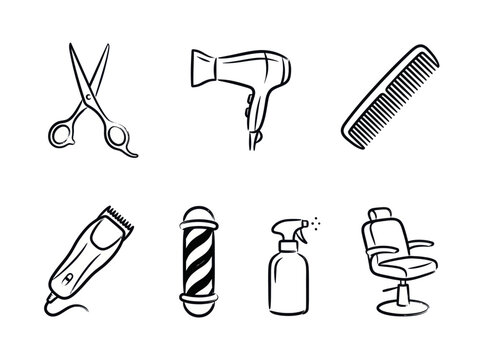 Hand drawn barber shop tools and equipment set for hair cutting and styling.