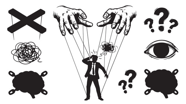 Conceptual marionette puppet illustration depicting control and manipulation with marionette