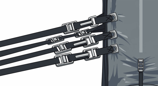 Close-up of four black straps with buckles attached to a gray surface
