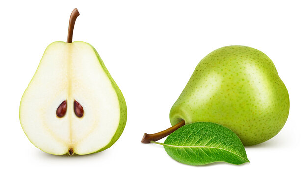 Green pear with leaves isolated on white background