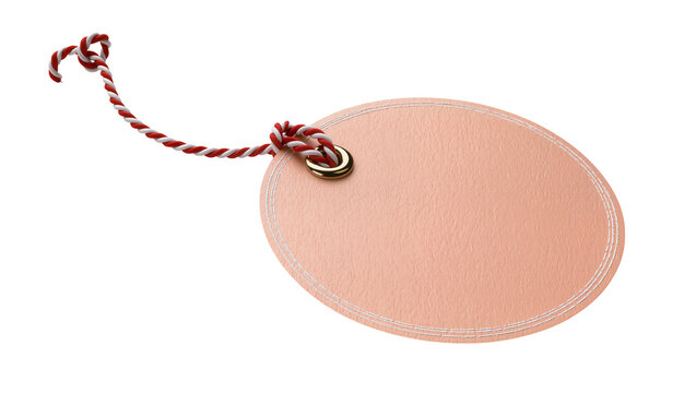 Oval paper tag with red and white twine and gold grommet