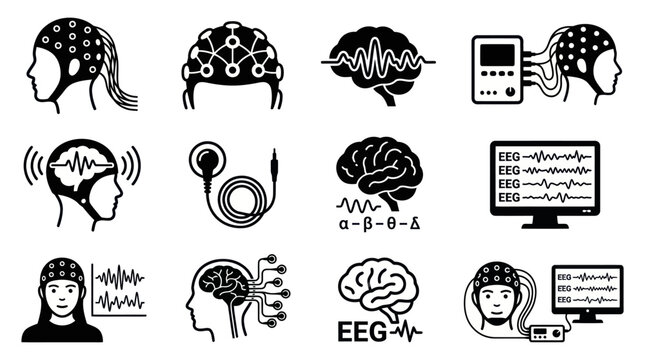 Brain mapping and EEG diagnostic equipment line icons.