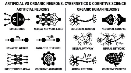 Obraz premium Comparison of artificial and organic human neuron icons.