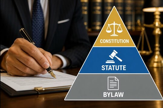 Lawyer signing legal document with hierarchy of law pyramid infographic