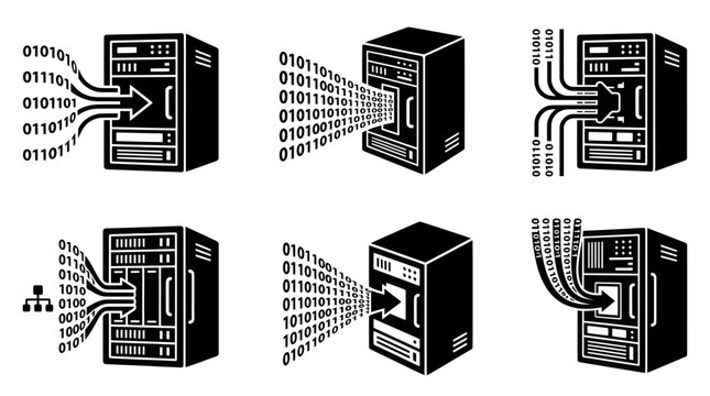 Data center server icons showing binary information transfer.