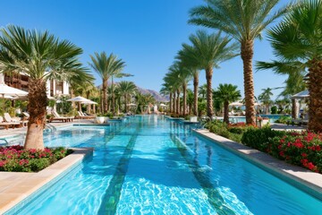 Fototapeta premium Tropical Getaway with Stunning Pool and Palm Landscape
