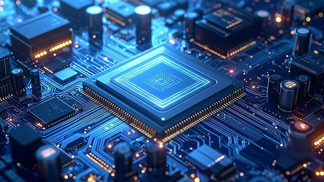 A glowing central processor on a complex digital circuit board