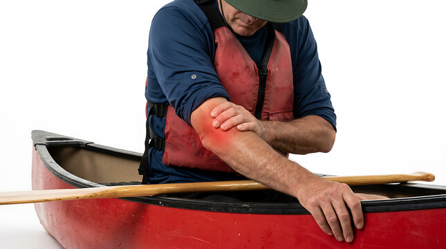 Man with Elbow Injury in Canoe: Pain Relief, Medical Treatment, Sports Injury, Rehabilitation, First Aid, Outdoor Accident