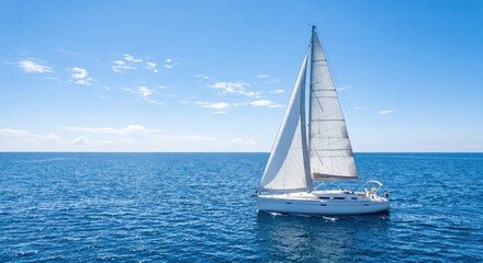 Fototapeta premium White Sailboat on Calm Blue Ocean Under Clear Sky