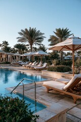 Obraz premium Luxurious Vacant Poolside Lounge in Tropical Resort