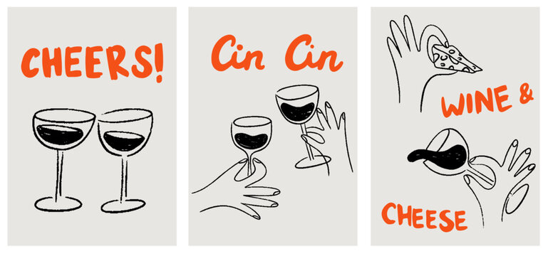 Crayon wine poster set. Hand drawn doodle wine glasses in hand, cheese. Whimsical chalk La dolce vita wine party, mediterranean dinner. Vector illustration for poster, placard, banner or menu design