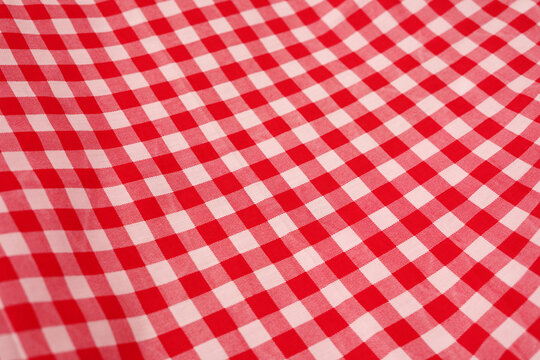 red white plaid tablecloth background. Gingham Fabric Background. 