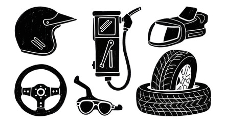 Collection of Racing and Automotive Icons for Sports and Transportation Themes. © Ndog