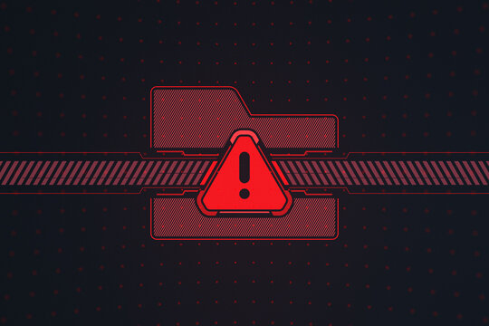 Red folder icon with a warning triangle sign on a dark background. Cyber security, data threat, and system error concept.
