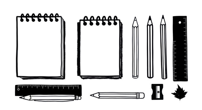 Collection of School and Office Supplies for Drawing and Writing.