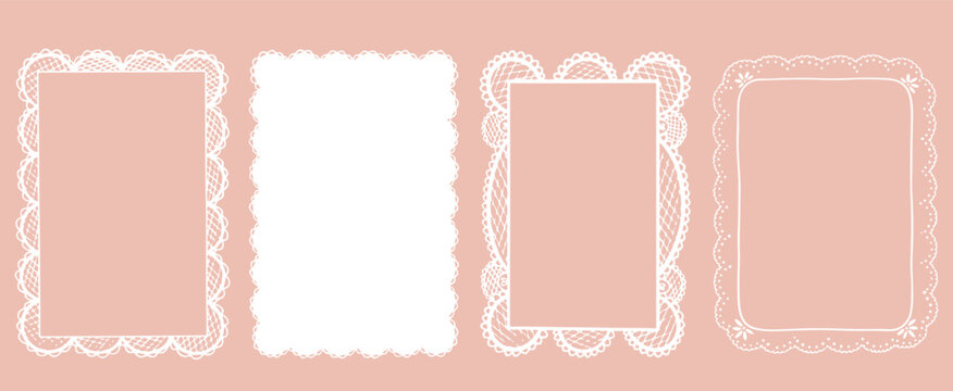 Vintage elegant crochet frame set. Hand drawn whimsical rectangular doily napkin in retro style with squiggles. Vector line art decorative lace border for wedding or birthday invitation cards