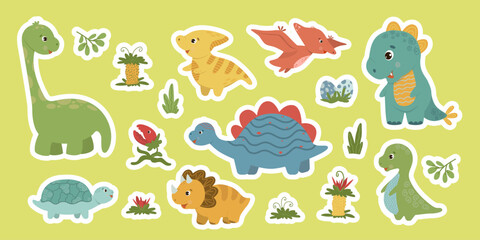 A cute set of flat vector baby dinosaur stickers featuring diplodocus, triceratops, stegosaurus, pterodactyl, and prehistoric plants isolated on a green background. Vector illustration © Elena