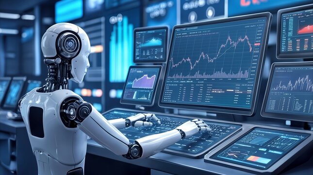 Intelligent machine analyzing stock market trends on multiple monitors. Automated financial trading system using humanoid robot in high-tech office.
