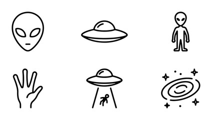 Alien Icons, UFO Symbols, Spacecraft Graphics, Extraterrestrial Vector Set © Shamim