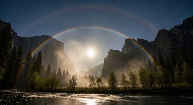 Yosemite Valleys ethereal moonbow - A natural wonder at dusk.