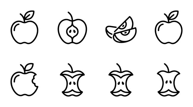 Apple Icons Set: Whole, Sliced, Bitten, and Core Vector Graphics for Healthy Eating and Food Concepts