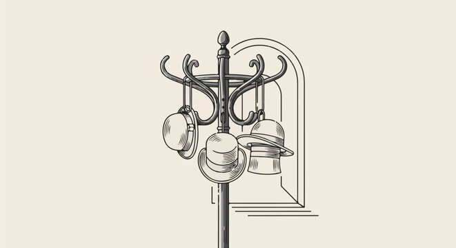 Vintage hat rack with three elegantly styled hats hanging